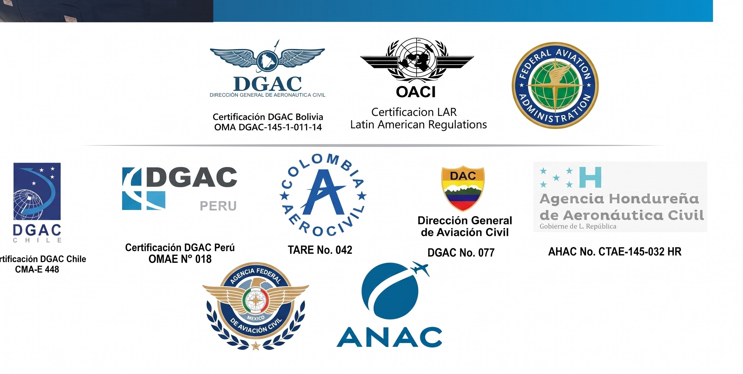 Logotipos de las autoridades de aviación civil que certifican a S.A.E.: DGAC Bolivia, OACI, FAA, DGAC Chile, DGAC Perú, Aerocivil Colombia, DGAC Ecuador, AHAC Honduras, Agencia Federal Aviación Civil México, ANAC
