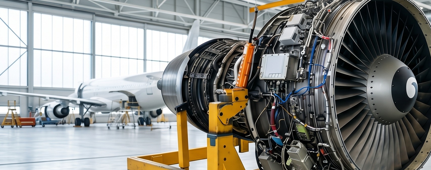 Motor de aeronave en hangar durante inspección técnica