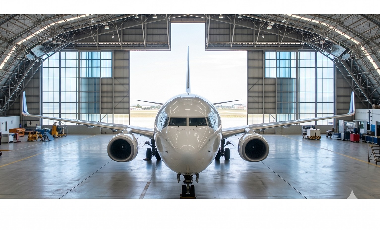 Aeronave vista frontal dentro de hangar de talleres especializados